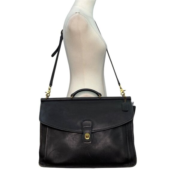 Vintage Coach Black Leather Briefcase With Adjustable Strap & Gold-Tone Hardware - Picture 2 of 14